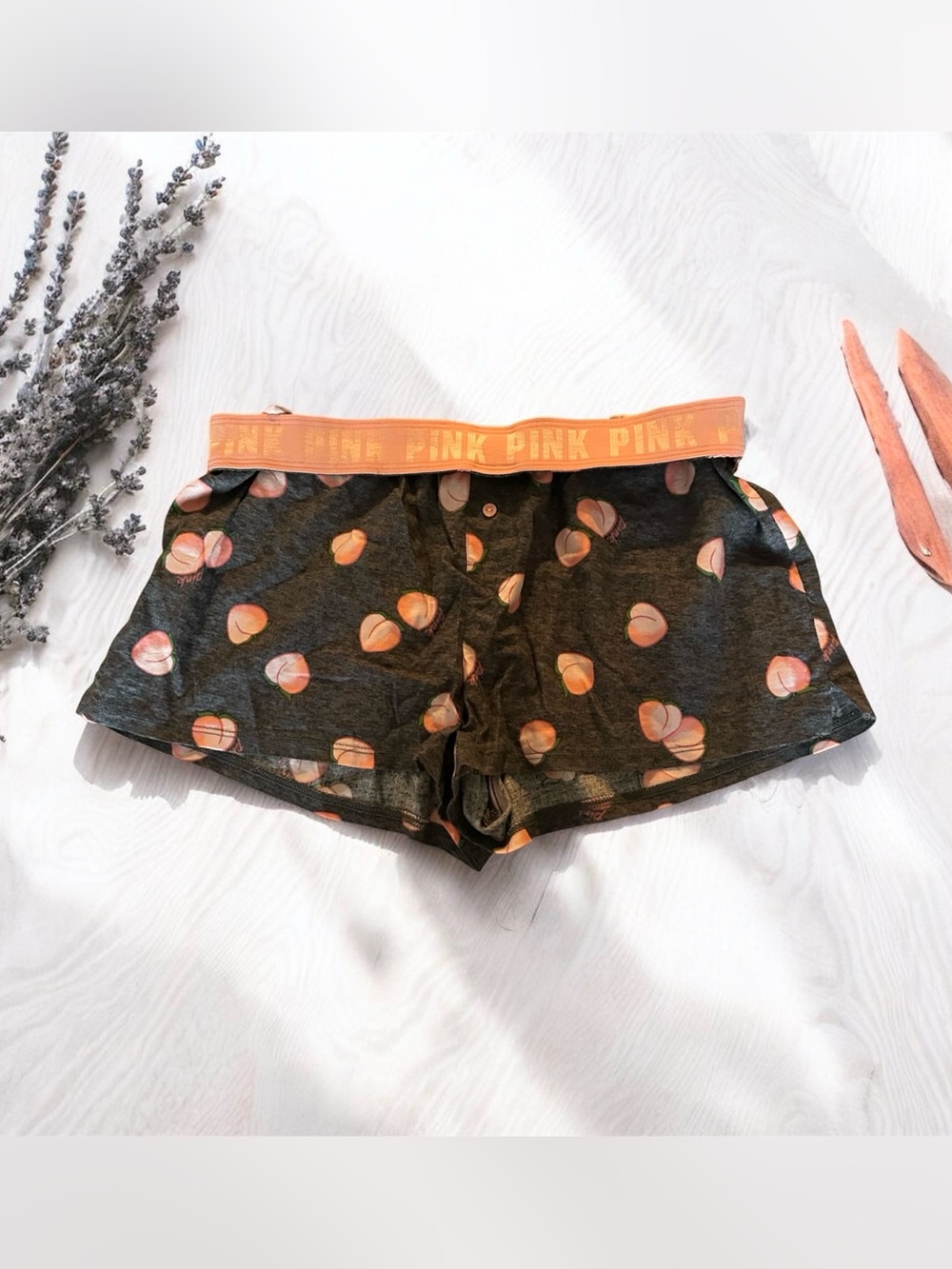 PINK Victoria’s Secret Fold Over Boxer Sleep Shorts Peach Pattern